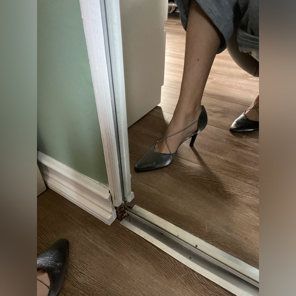 Stuart Weitzman Pointed Toe Shiny Silver Short He… - image 3